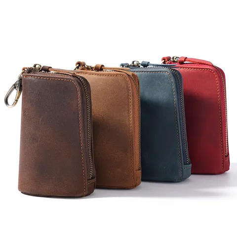 Estuche para Llaves Vintage de Cuero Genuino para Hombres Llavero de Coche Multifuncional Cierre de Cremallera Monedero de Llaves Uso Diario