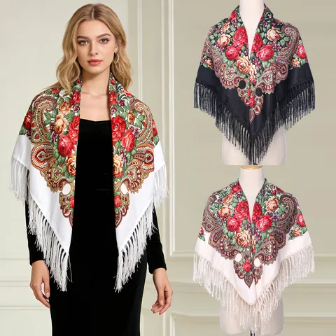 Vintage Etnisch Bloemen Print Kwasten Sjaal Dames Lichtgewicht Polyester Vierkante Sjaal Mode Wrap Voor Dagelijks Buiten