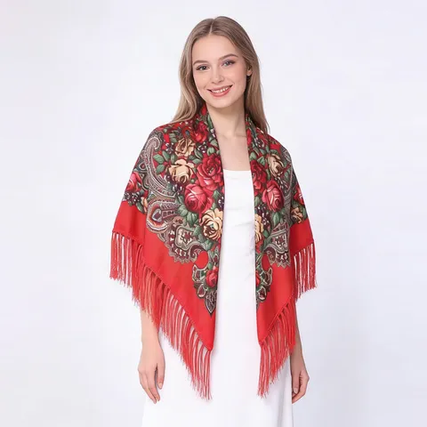 Vintage Etnisch Bloemen Print Kwasten Sjaal Dames Lichtgewicht Polyester Vierkante Sjaal Mode Wrap Voor Dagelijks Buiten