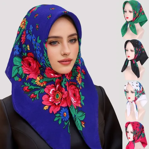 Vierkante Sjaal met Etnische Bloemenprint voor Dames Vintage Russische Stijl Polyester Hoofdsjaal Zonbescherming Dagelijkse Sjaal