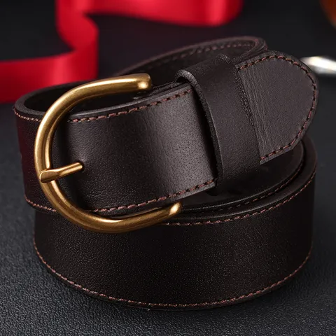Cinturón de Cuero Genuino Vintage para Hombre Negocios Casual Capa Superior de Cuero de Vaca con Hebilla de Perno de Aleación Antigua
