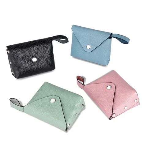 Monedero Mini de Cuero Genuino para Mujer Cartera Pequeña Patrón de Lichi Minimalista Color Sólido Tarjetero con Broche Bolso de Embrague