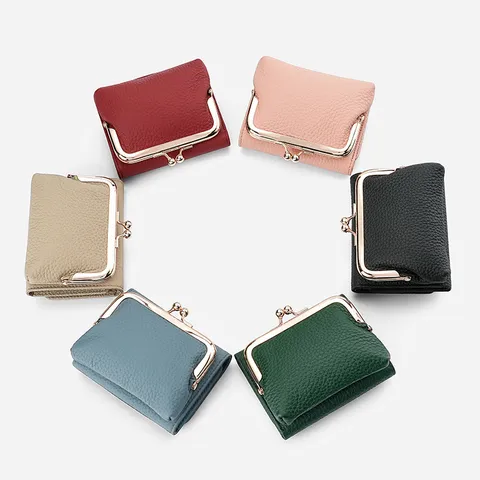 Monedero Corto de Cuero Auténtico para Mujer Cartera con Cierre Metálico Antirrobo RFID Tarjetero