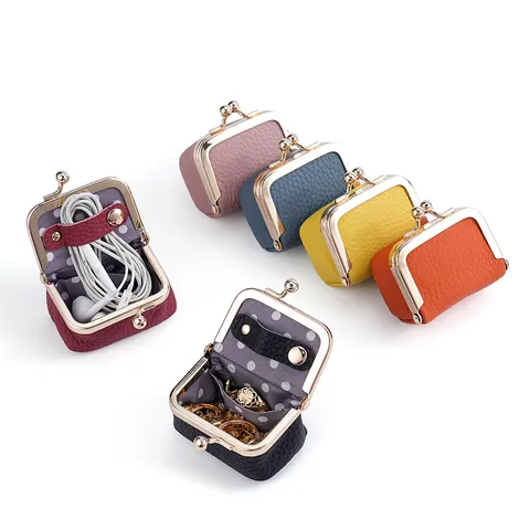 Monedero de Cuero Genuino con Cierre de Beso para Mujer Mini Vintage Patrón de Lichi Cartera Pequeña Bolsa de Cambio Lindo Bolso de Joyería