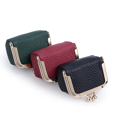Monedero de Cuero Genuino con Cierre de Beso para Mujer Mini Vintage Patrón de Lichi Cartera Pequeña Bolsa de Cambio Lindo Bolso de Joyería