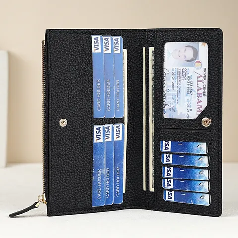 Cartera larga de cuero genuino para mujer con bloqueo RFID múltiples ranuras para tarjetas bolso de mano chic