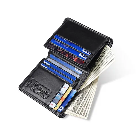 Men's Genuine Leather RFID Blocking Trifold Wallet Vintage Oil Wax Leather Short Purse Multi Card Slots