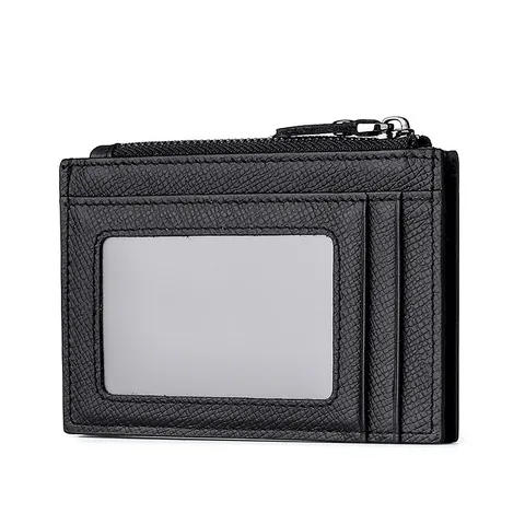 Tarjetero de Cuero Auténtico Bloqueo RFID Textura Saffiano Cartera de Tarjeta de Crédito Mini Monedero con Cremallera Estuche Delgado para Mujeres