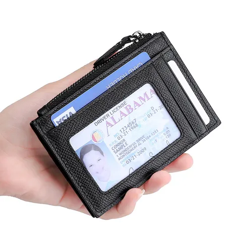 Tarjetero de Cuero Auténtico Bloqueo RFID Textura Saffiano Cartera de Tarjeta de Crédito Mini Monedero con Cremallera Estuche Delgado para Mujeres