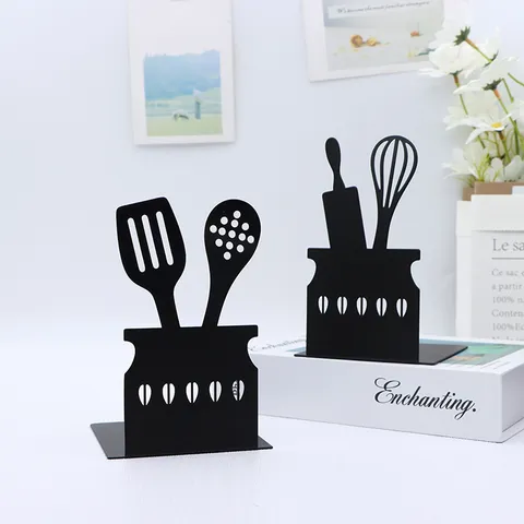 Metal L Shaped Bookends Black Iron Art Cookware Pattern Desktop Book Organizer For Office School Bookshelf Storage