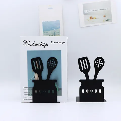 Metal L Shaped Bookends Black Iron Art Cookware Pattern Desktop Book Organizer For Office School Bookshelf Storage
