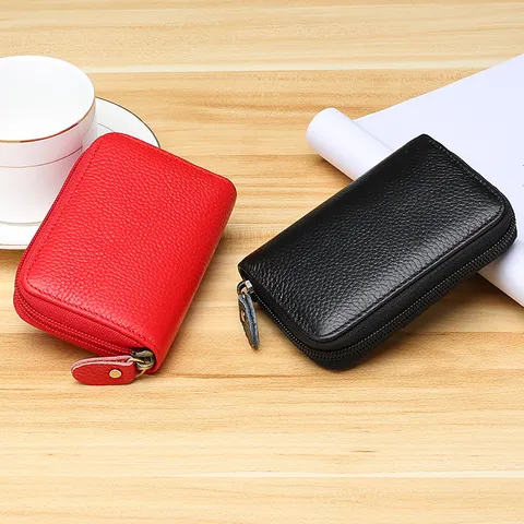 Tarjetero de Cuero Genuino con Bloqueo RFID Cremallera Estuche de Tarjetas Cartera de Negocios Para Hombres Mujeres