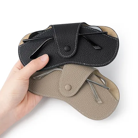 Estuche de Gafas de Cuero Auténtico Funda de Gafas de Sol Portátil Caja de Almacenamiento Minimalista Cierre a Presión Para Hombres y Mujeres