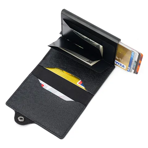 Automatic Pop-up Card Holder RFID Blocking Metal Aluminum Card Case PU Leather Business Credit Card Wallet