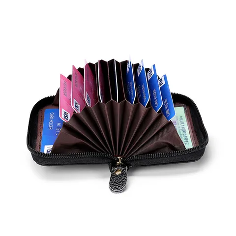 Tarjetero de Cuero Genuino con Bloqueo RFID Cremallera Estuche de Tarjetas Cartera de Negocios Para Hombres Mujeres