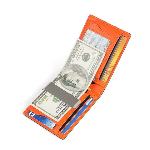 Cartera de Cuero Genuino para Hombre Retro Bloque de Color Bifold Bloqueo RFID Tarjetero Cartera Corta con Clip para Dinero