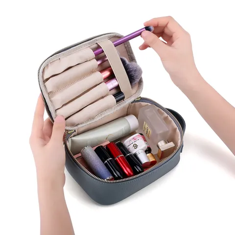 Bolsa de Maquillaje de Cuero Genuino Organizador de Artículos de Tocador de Viaje Portátil Bolso Multifunción para Mujeres Almacenamiento de Maquillaje