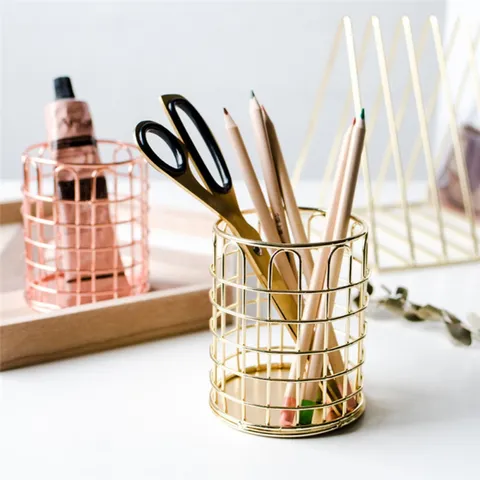 Nordic Minimalist Metal Pen Holder Mesh Hollow Desk Organizer Makeup Brush Storage Cup