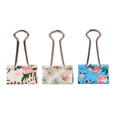 Metal Binder Clips Cute Floral UV Printed Long Tail Paper Clamps Office School Stationery Supplies Decorative Document Clips