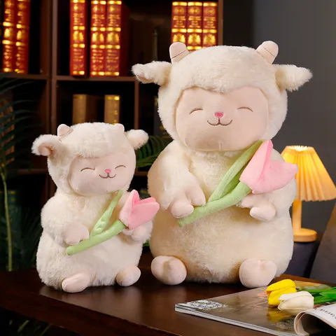 Cute Sleeping Sheep Plush Toy Stuffed Animal Doll With Tulip Flower Soft Pillow Children Birthday Gift Home Decor