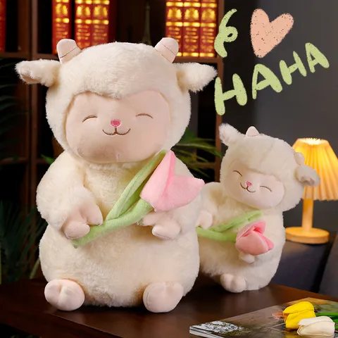 Cute Sleeping Sheep Plush Toy Stuffed Animal Doll With Tulip Flower Soft Pillow Children Birthday Gift Home Decor
