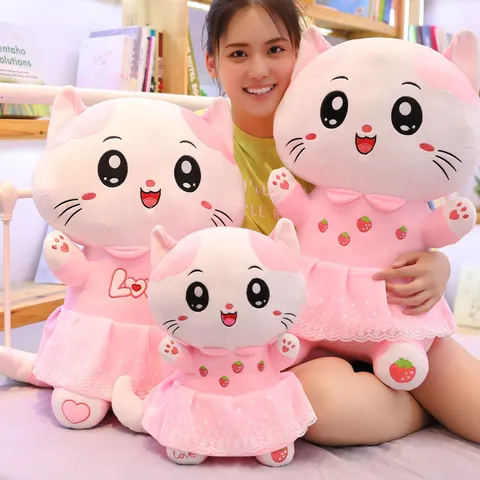 Ροζ Γάτα Βελούδινο παιχνίδι Stuffed Animal Χαριτωμένο Φόρεμα Φράουλας Μαλακό Μαξιλάρι Γατάκι Kawaii Διακόσμηση Δωμάτιου Δώρο Για Παιδιά Κορίτσια