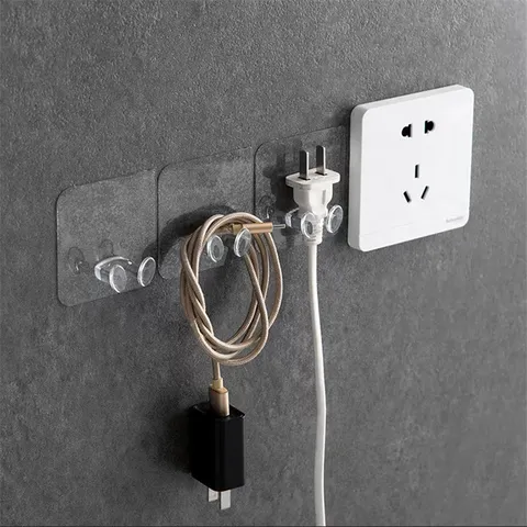 Transparent Adhesive Plug Hook Plastic Wall Mounted Power Socket Holder Seamless Storage Rack Double Hook