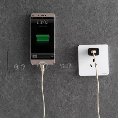 Transparent Adhesive Plug Hook Plastic Wall Mounted Power Socket Holder Seamless Storage Rack Double Hook