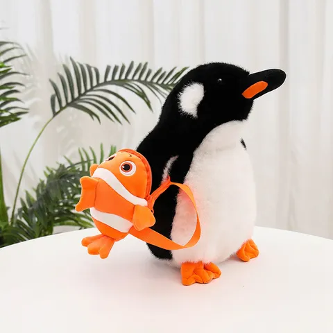 Manchot avec Sac à Dos Harbin Jouet en Peluche Mignonne Poupée Animal Empaillé Avec Petit Sac à Dos Poisson Doux Cadeau Pour Enfants