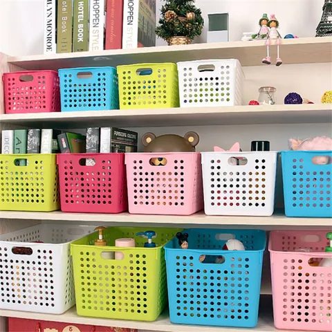 Plastic Desktop Storage Basket Hollow Out Mesh Desk Organizer Container For Home Office Snacks Sundries White