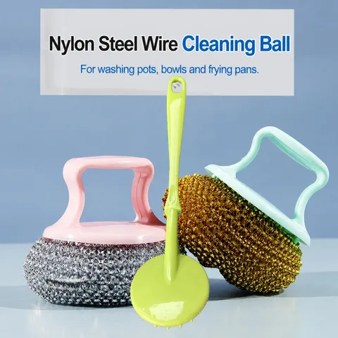 Kitchen Cleaning Brush With Removable PET Steel Wire Ball And Plastic Handle Multi-Color Dish Washing Pot Cleaning Tool