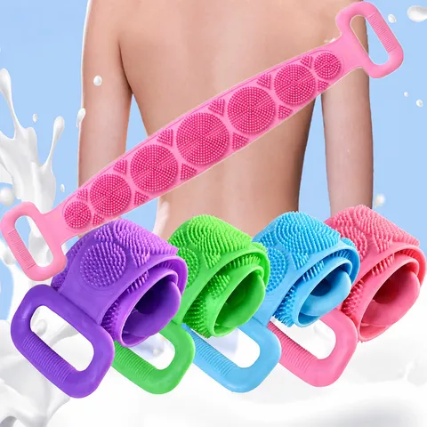 Gomme de Dos en Silicone pour Douche Double Face Longue Ceinture de Bain avec Particules de Massage Poignées Bain Exfoliant Doux
