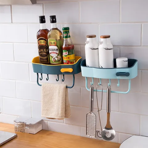 Minimalist Plastic Wall Mounted Storage Rack Punch Free Two Tone Bathroom Kitchen Hanging Organizer Shelf With Hooks