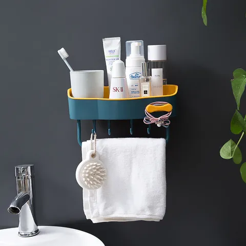Minimalist Plastic Wall Mounted Storage Rack Punch Free Two Tone Bathroom Kitchen Hanging Organizer Shelf With Hooks