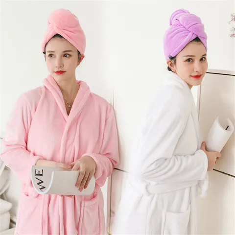 Bonnet de Séchage Cheveux Mignon pour Femmes Absorbant Séchage Rapide Serviette Cheveux Polaire Corail avec Bouton Ours