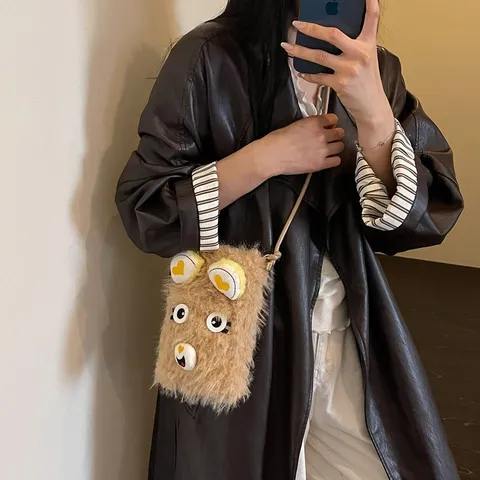 Damen Süß Karikatur Bär Ohren Plüsch Hut und Crossbody Handytasche Winter Warm Weich Plüsch Stickerei Tier Design Zubehör