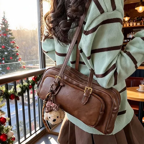 Borsa Baguette Vintage da Donna in Pelle PU Retrò Borsa Sottobraccio a Spalla Grande Capacità Tote Con Pendaglio a Orsetto