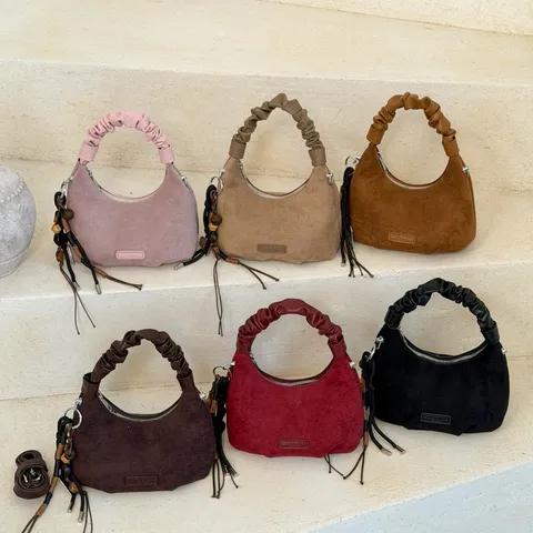 Sac à Main Épaule Vintage en Suède et Cuir PU pour Femmes Minimaliste Urbain Poignée Plissée Sac Bandoulière Hobo Avec Gland