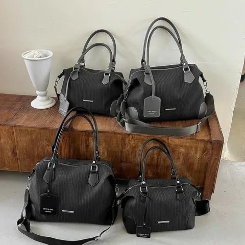 Retro Vertikal Gestreifte Boston Handtasche Für Damen Große Kapazität Anzug Stoff Kissen Schulter Umhängetasche