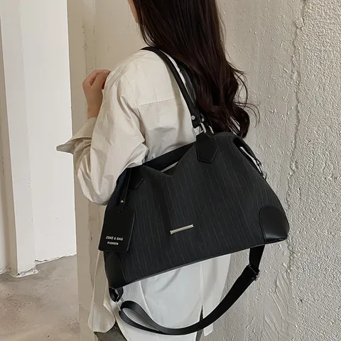 Retro Vertikal Gestreifte Boston Handtasche Für Damen Große Kapazität Anzug Stoff Kissen Schulter Umhängetasche