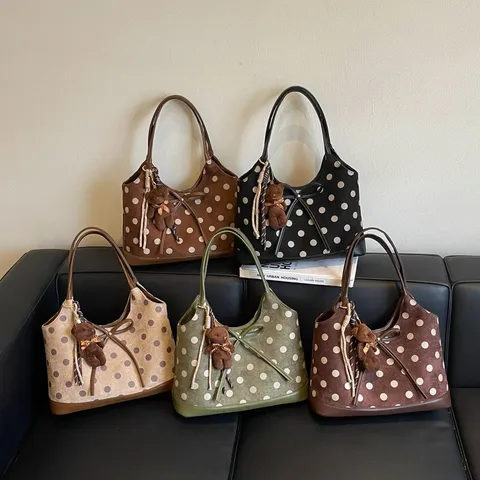 Borsa a Tracolla a Pois Donna Grande Capacità Moda Coreana Borsa a Secchiello in Pelle PU Con Ciondolo a Fiocco