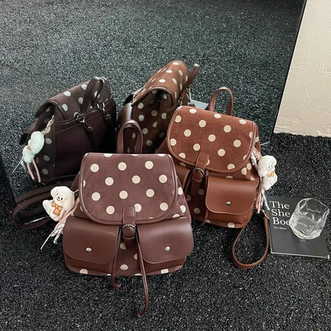 Korean Style Polka Dot Backpack PU Leather Casual Daypack Cute Bear Pendant School Bag For Women Daily Commute