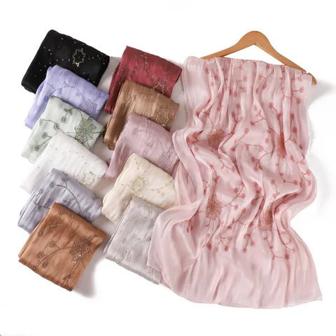 Women's Lightweight Satin Scarf Sequin Embroidered Spiderweb Long Shawl Soft Drape Breathable Head Wrap Fashion Scarf