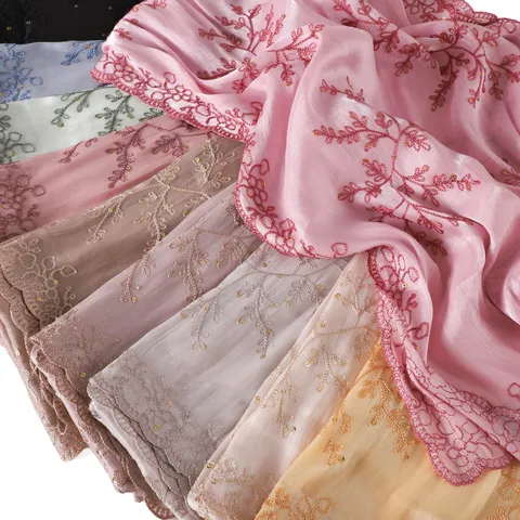 Women Fashion Lightweight Breathable Long Scarf Sequins Embroidery Pine Branch Floral Shawl Versatile Elegant Polyester Wrap