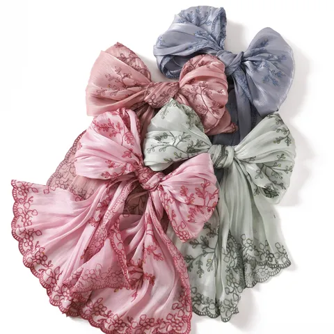 Women Fashion Lightweight Breathable Long Scarf Sequins Embroidery Pine Branch Floral Shawl Versatile Elegant Polyester Wrap