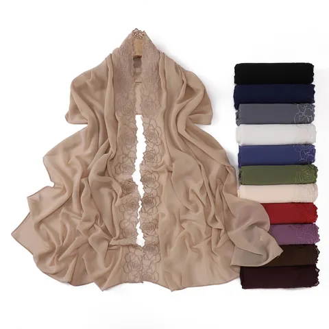Women Camellia Floral Embroidered Chiffon Scarf Elegant Lightweight Shawl Soft Breathable Long Head Scarf Wrap Daily Wear
