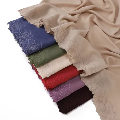 Women Camellia Floral Embroidered Chiffon Scarf Elegant Lightweight Shawl Soft Breathable Long Head Scarf Wrap Daily Wear
