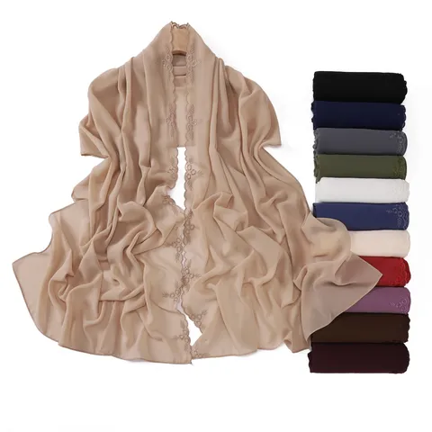 Sciarpa Lunga in Chiffon da Donna Leggera Traspirante Ricamo Floreale Bordo in Pizzo Sciarpa a Collo Scialle