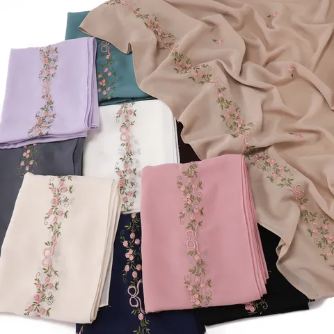 Women's Fashion Chiffon Scarf Elegant Floral Bow Embroidery Long Scarves Lightweight Breathable Head Wrap Daily Accessories