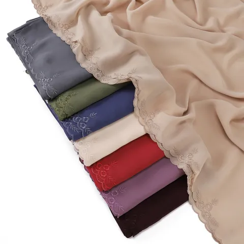 Sciarpa Lunga in Chiffon da Donna Leggera Traspirante Ricamo Floreale Bordo in Pizzo Sciarpa a Collo Scialle